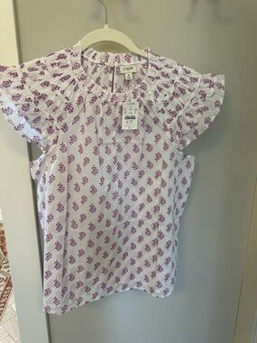 J. Crew White Sleeveless Ruffle-Yoke Top with Lavender Floral Print